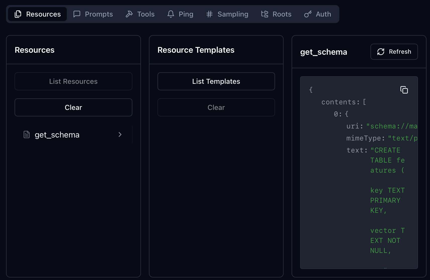 MCP Inspector showing the get_schema resource and the returned SQLite CREATE TABLE statement