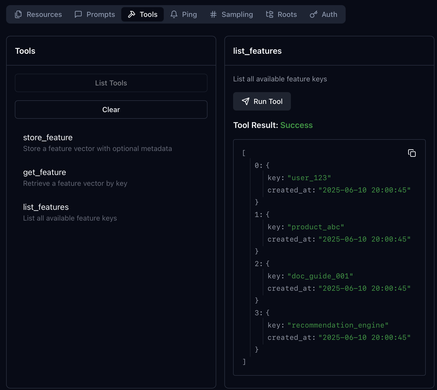 MCP Inspector showing store_feature, get_feature, list_features, and a successful list_features call