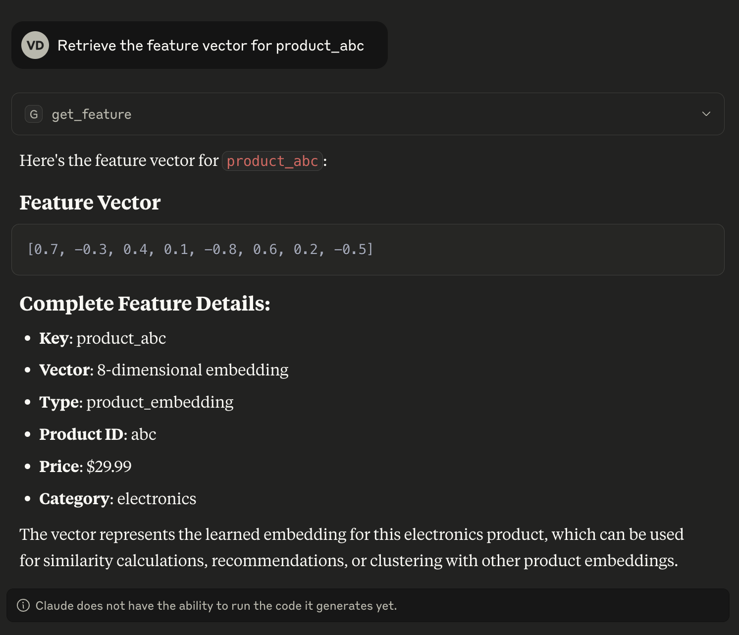 Claude Desktop calling get_feature for product_abc and displaying its vector and metadata