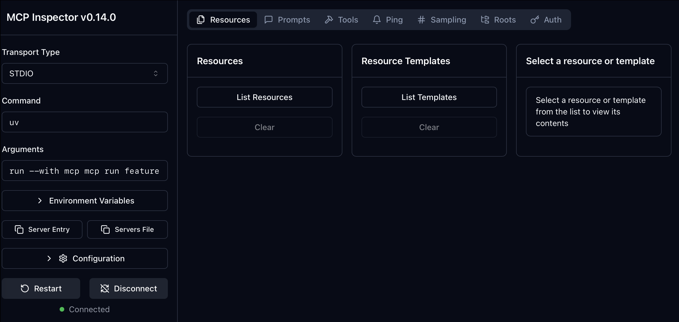 MCP Inspector v0.14.0 conectado a FeatureStoreLite mediante stdio con uv