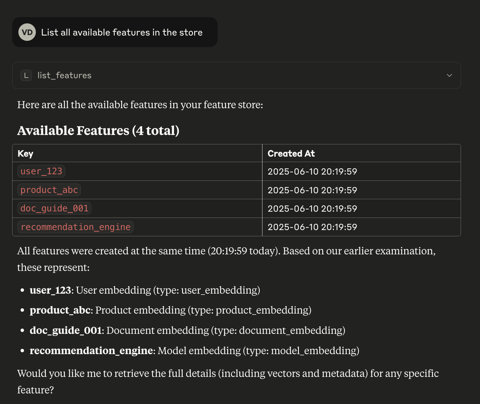 Claude Desktop roept list_features aan en toont de vier rijen uit de database van de auteur uit juni 2025