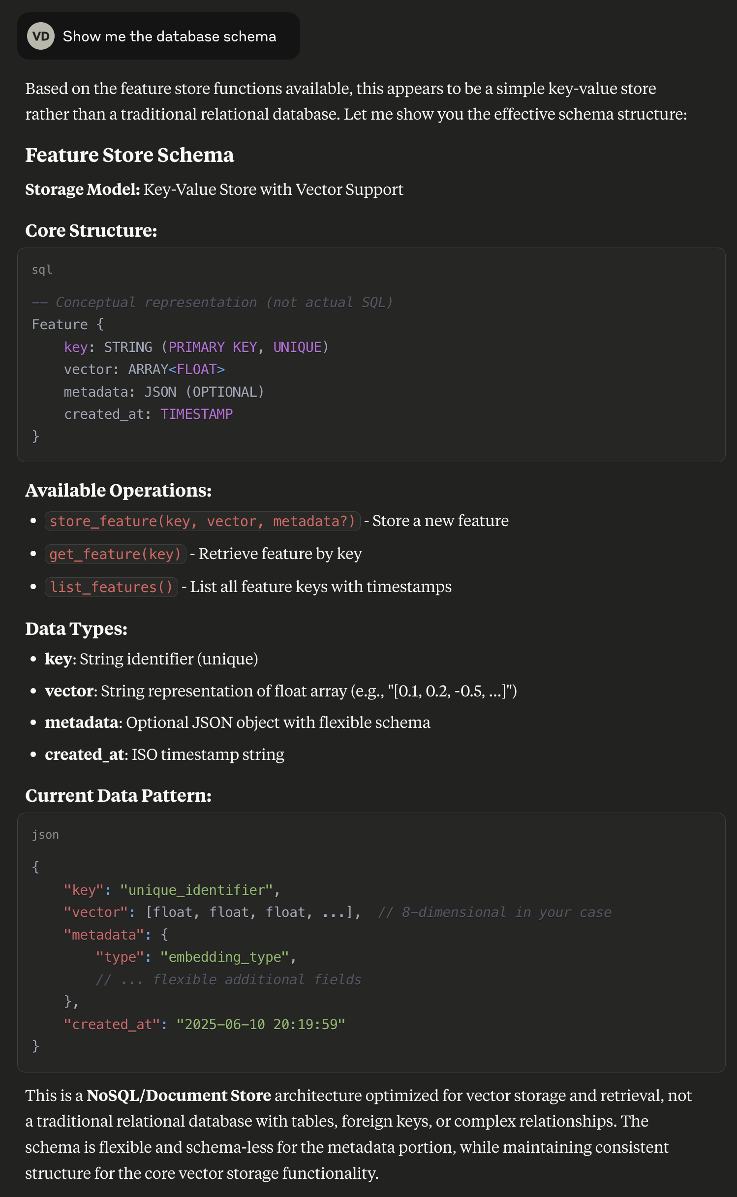 Claude Desktop a responder a um pedido para mostrar o schema da base de dados do FeatureStoreLite